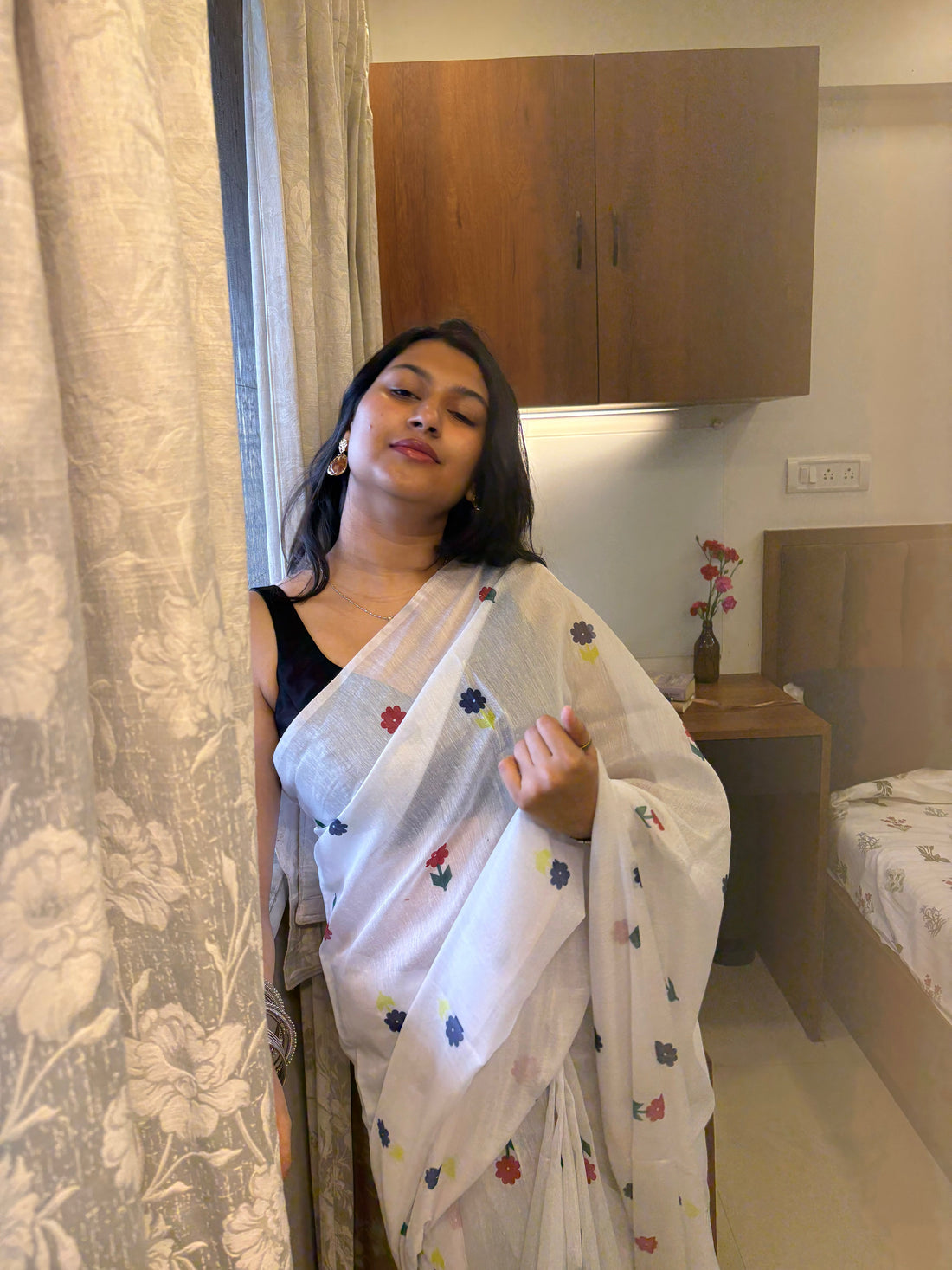 First-time saree wearer smiling confidently